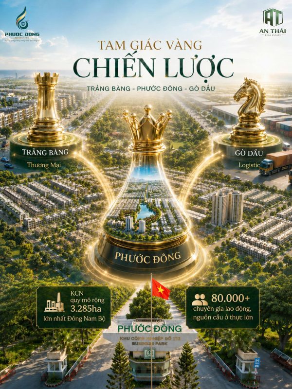 Bản đồ phân tích vị trí chiến lược Phước Đông New City tại Tây Ninh, cho thấy dự án là tâm điểm kết nối giữa Trảng Bàng (Thương mại), Gò Dầu (Logistics) và liền kề Khu công nghiệp Phước Đông với quy mô 3.285ha, đón đầu nguồn cầu ở thực từ hơn 80.000 chuyên gia lao động.
